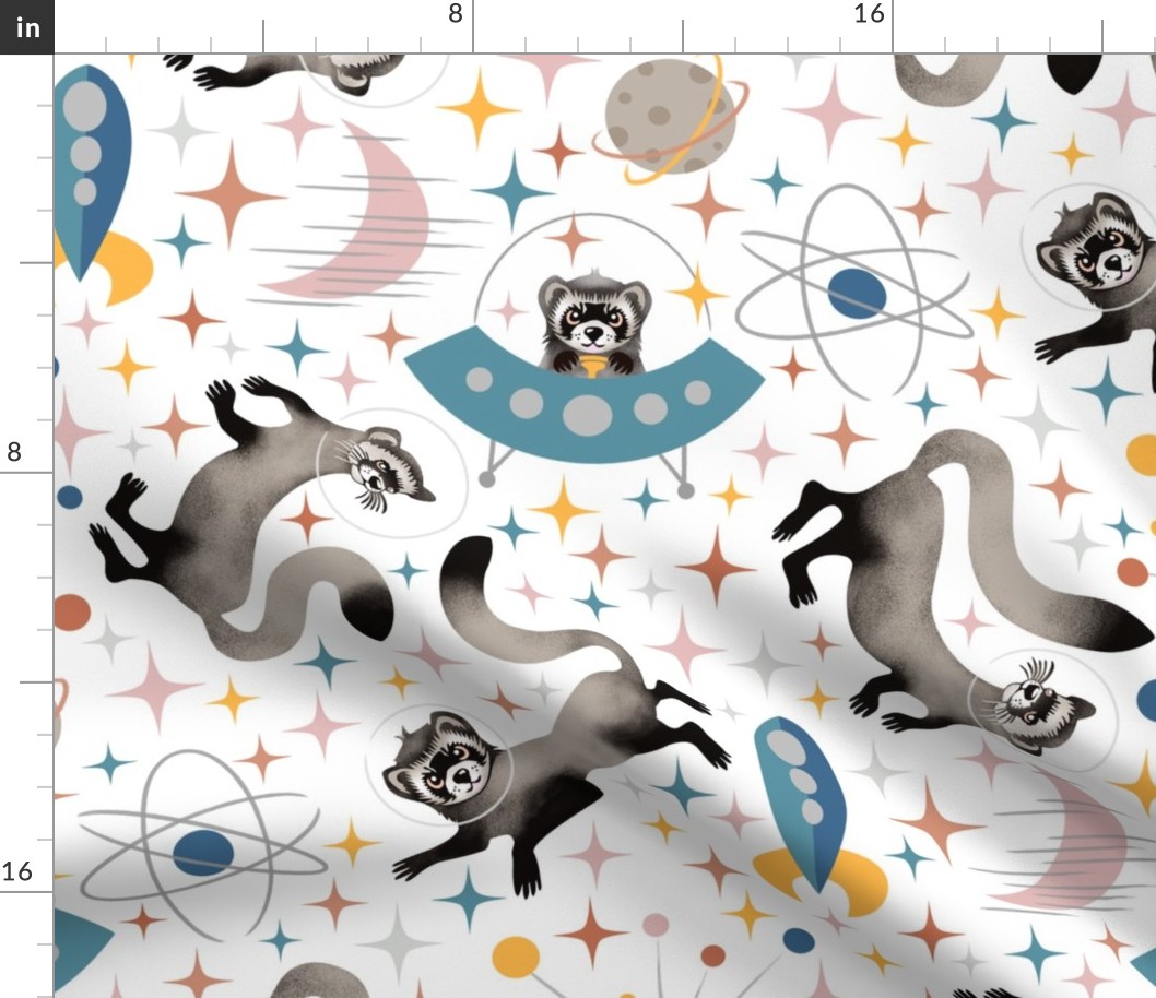 Black-Footed Ferrets in Space retro MID MOD atomic mid century modern spaceship planets sparkling stars in blue, pink, terracotta, silver and retro grey and yellow | Fun bathroom / kitchen / kids bedroom wallpaper | Jumbo