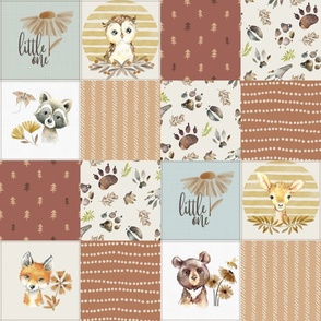 Woodland Animal Tracks Quilt Top – Earth Tone Patchwork Cheater Quilt, Style boho baby A