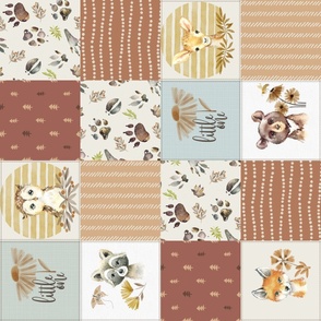 Woodland Animal Tracks Quilt Top – Earth Tone Patchwork Cheater Quilt, Style boho baby A ROTATED