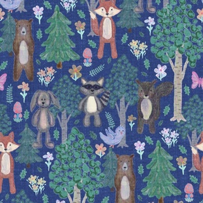 Forest Friends - Cute Woodland Animals on Blue Linen