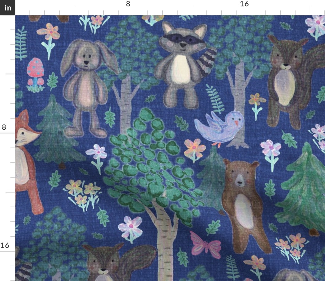 Forest Friends - Cute Woodland Animals on Blue Linen