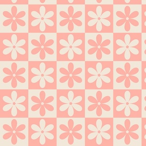 Retro Floral Checkerboard Pattern Peach Pearl & Pristine