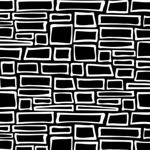 Black and White Building Bricks Monochrome Freehand Geometric Simple Block Wall Grid of White Rectangles and Squares