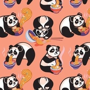 Pandas eating noodles_on peach