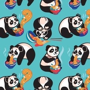 Pandas eating noodles_on blue