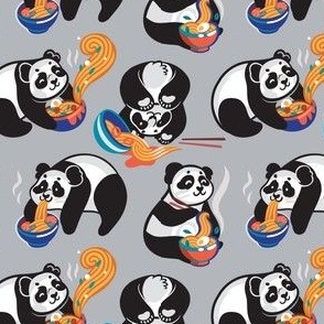 Pandas eating noodles_on grey