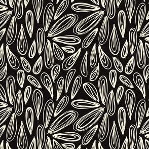 Small | Abstract Monochrome Spring Floral of Falling Cherry Blossom Petals in Creamy White on Black