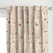 European forest with woodland animals, wildflowers, polka dots in soft rose and rust on cream - subtle rustic whimsical line art gender neutral pattern with hidden roe deer fawn, doe and buck, wild boar, rabbit, squirrel, owl, fox, pheasant, woodpecker 