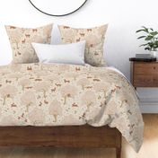 European forest with woodland animals in soft rose and rust on cream - subtle rustic pattern with hidden flora and fauna - roe deer fawn, doe and buck, wild boar, rabbit, squirrel, owl, fox, pheasant, woodpecker 