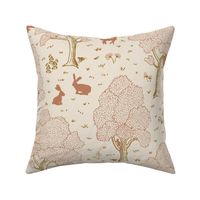 European forest with woodland animals in soft rose and rust on cream - subtle rustic pattern with hidden flora and fauna - roe deer fawn, doe and buck, wild boar, rabbit, squirrel, owl, fox, pheasant, woodpecker 