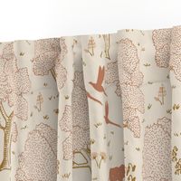European forest with woodland animals, wildflowers, polka dots in soft rose and rust on cream - subtle rustic whimsical line art gender neutral pattern with hidden roe deer fawn, doe and buck, wild boar, rabbit, squirrel, owl, fox, pheasant, woodpecker 