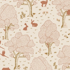 European forest with woodland animals, wildflowers, polka dots in soft rose and rust on cream - subtle rustic whimsical line art gender neutral pattern with hidden roe deer fawn, doe and buck, wild boar, rabbit, squirrel, owl, fox, pheasant, woodpecker 