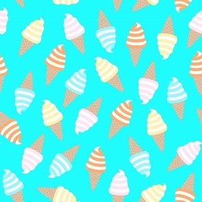 Soft Serve Rainbow Swirl Ice Cream Cones in Bright Pastels and Blue for Summer