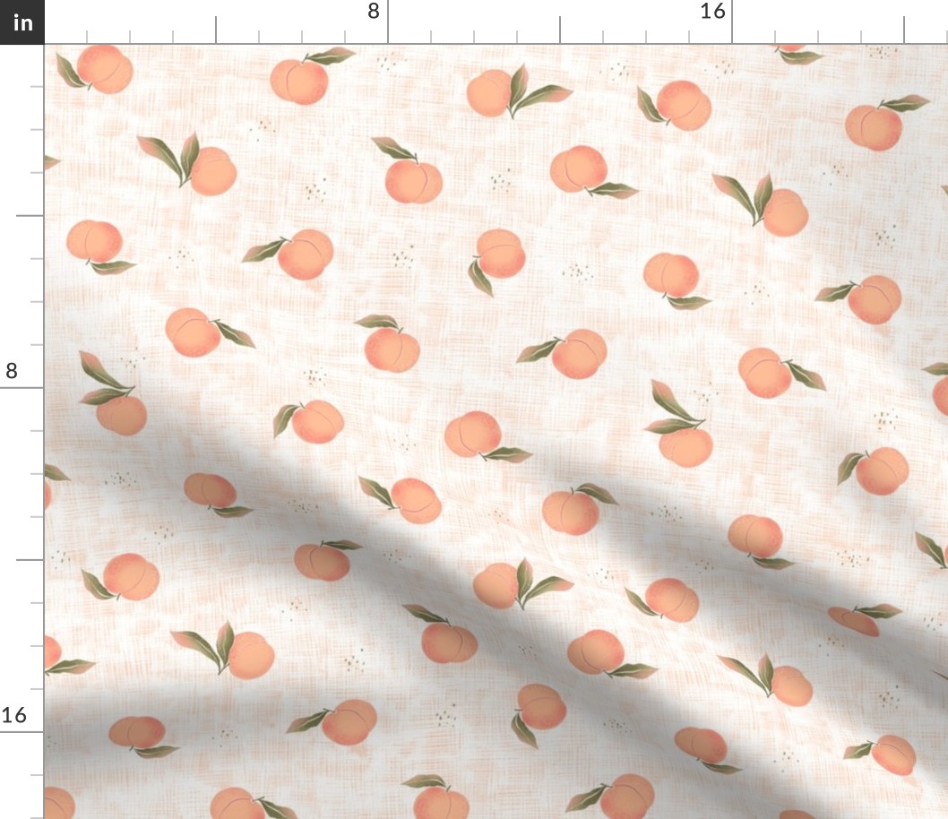 Medium  scale | scattered orange peaches (peach fuzz Pantone’s 2024) with olive green leaves