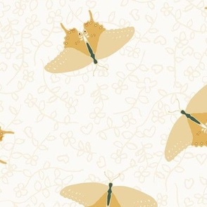 Swallowtail Butterfly with Vines and Hearts- Khaki, Ochre, Teal, Yellow, Cream - MEDIUM SCALE