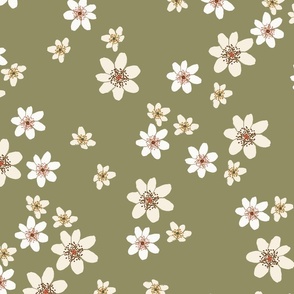 Pretty Flowers Random Pattern - Olive and Cream MEDIUM SCALE