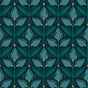 Art Nouveau Leaves  // normal scale 0064 B // Art Deco and Retro Vintage  Inspired Symmetrical Aesthetic Surface Pattern from the '70s and '80s leaf dot dots accent contrast  beige turquoise dark  green sea maritime