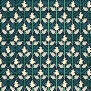 Art Nouveau Leaves  // small scale 0064 A // Art Deco and Retro Vintage  Inspired Symmetrical Aesthetic Surface Pattern from the '70s and '80s leaf dot dots accent contrast  beige turquoise pink sea maritime
