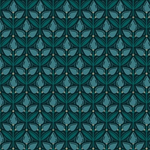 Art Nouveau Leaves  // small scale 0064 B // Art Deco and Retro Vintage  Inspired Symmetrical Aesthetic Surface Pattern from the '70s and '80s leaf dot dots accent contrast  beige turquoise dark  green sea maritime