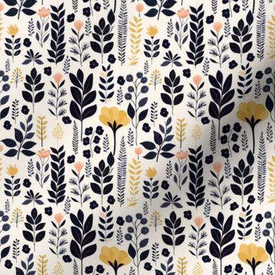 Cottagecore Wallpaper Black and White Woodland Floral Wildflower Gold and Peach Winter Botanical Print