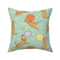 Kitty Court Sports Turquoise Medium - Pets, Cats, Basketball, Volleyball, Pickleball, Kids, Children’s, Baby,  Fun, Cute, Clothing, Bedding, Bags, Wallpaper, Home Decor, Playroom, Recreation, Active, Pink, Yellow, Orange, Brown