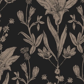 Prairie Lily Block Print Inspired in Morel on Midnight Black // Large Scale