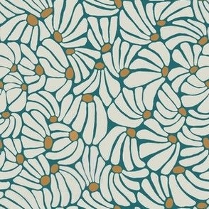 small Hand drawn modern floral in white and dark green - petrol