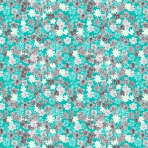 Ditsy Flowers in Cracked pepper Gray, Light Green, White  on Sea Blue Small