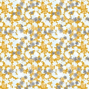 Ditsy Flowers in Cracked pepper Gray, Light Yellow, White,  Light Blue on Mustard yellow Small