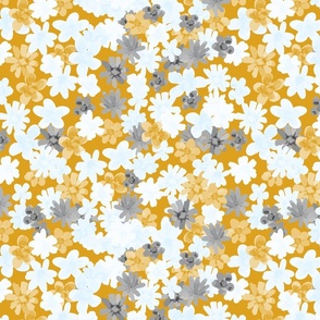 Ditsy Flowers in Cracked pepper Gray, Light Yellow, White, Light Blue on Mustard yellow Large