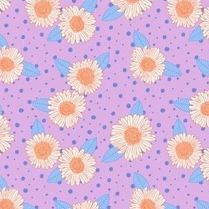 Bright daisies and polka dots - white on bright lavender purple with blue