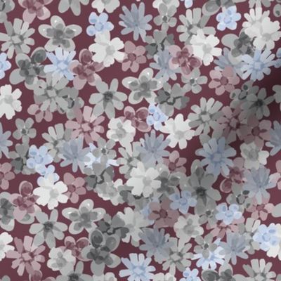  Ditsy Flowers in Cracked Pepper Gray, Pink, Blue on Dark Purple Small