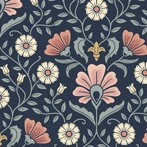 Welcoming vintage garden - arts and crafts style floral in warm blush pink, peach and blue-green on Navy - extra large