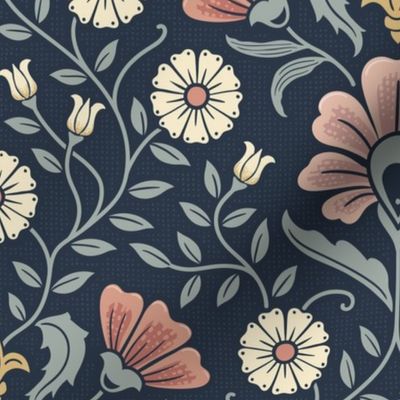 Welcoming vintage garden - arts and crafts style floral in warm blush pink, peach and blue-green on Navy - large