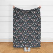 Welcoming vintage garden - arts and crafts style floral in warm blush pink, peach and blue-green on Navy - large