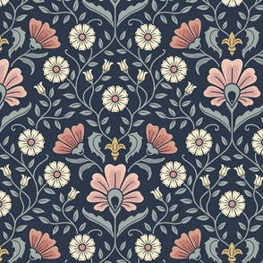 Welcoming vintage garden - arts and crafts style floral in warm blush pink, peach and blue-green on Navy - large