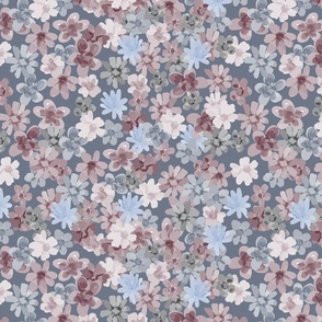 Ditsy Flowers in Cracked Pepper Gray, Pink, Blue, White on Blue Gray Large