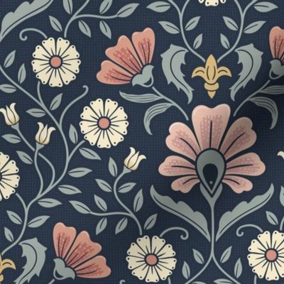 Welcoming vintage garden - arts and crafts style floral in warm blush pink, peach and blue-green on Navy - medum
