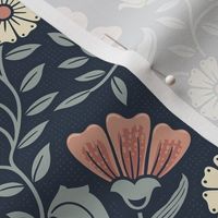 Welcoming vintage garden - arts and crafts style floral in warm blush pink, peach and blue-green on Navy - medum
