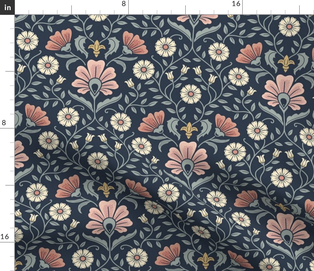 Welcoming vintage garden - arts and crafts style floral in warm blush pink, peach and blue-green on Navy - medum