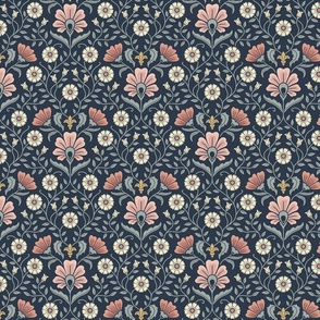 Welcoming vintage garden - arts and crafts style floral in warm blush pink, peach and blue-green on Navy - small