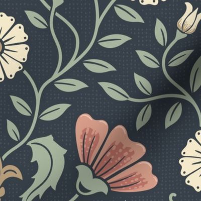 Welcoming vintage garden - arts and crafts style floral in warm peach, salmon and green on dusty navy - extra large