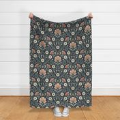 Welcoming vintage garden - arts and crafts style floral in warm peach, salmon and green on dusty navy - extra large