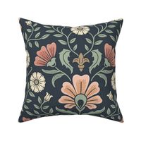 Welcoming vintage garden - arts and crafts style floral in warm peach, salmon and green on dusty navy - extra large