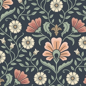 Welcoming vintage garden - arts and crafts style floral in warm peach, salmon and green on dusty navy - extra large