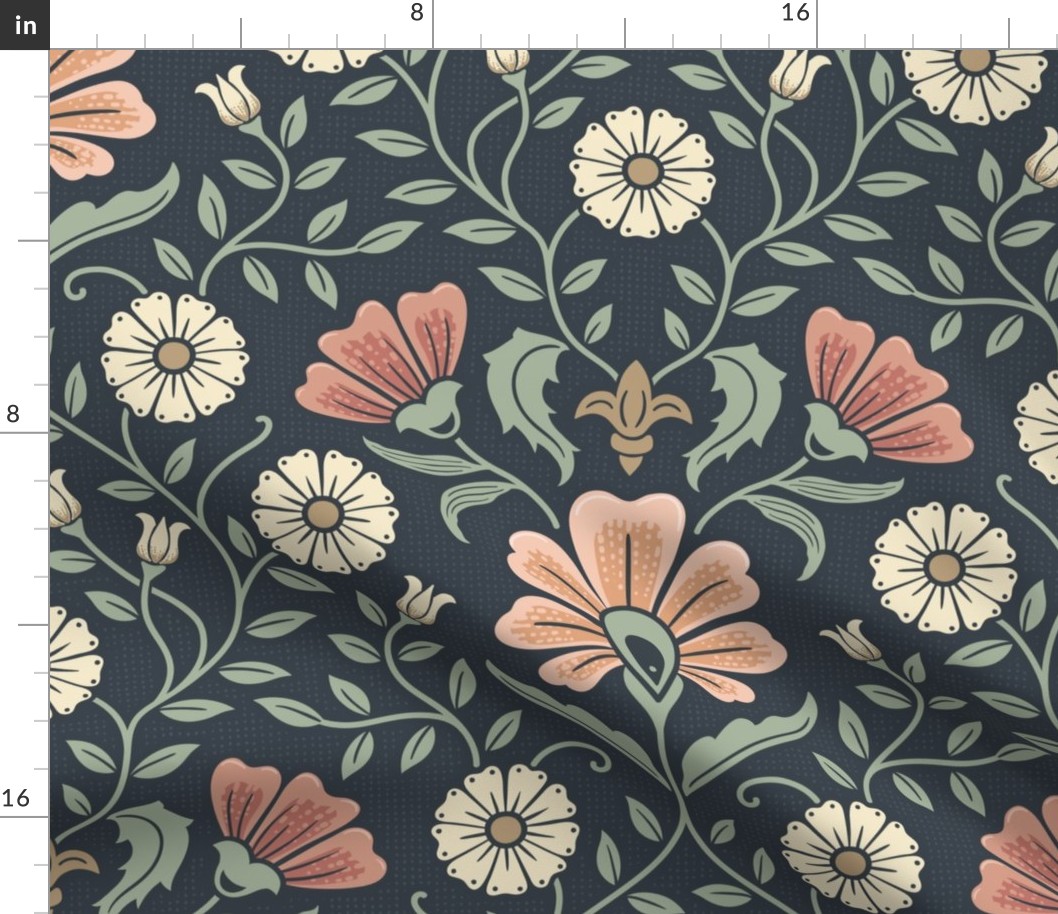 Welcoming vintage garden - arts and crafts style floral in warm peach, salmon and green on dusty navy - extra large