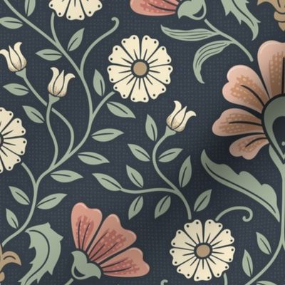 Welcoming vintage garden - arts and crafts style floral in warm peach, salmon and green on dusty navy - large