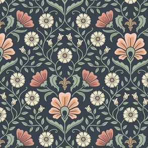 Welcoming vintage garden - arts and crafts style floral in warm peach, salmon and green on dusty navy - large