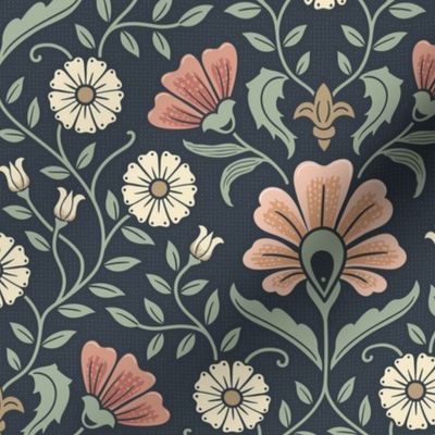 Welcoming vintage garden - arts and crafts style floral in warm peach, salmon and green on dusty navy - medium