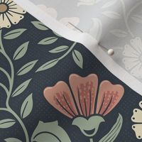 Welcoming vintage garden - arts and crafts style floral in warm peach, salmon and green on dusty navy - medium